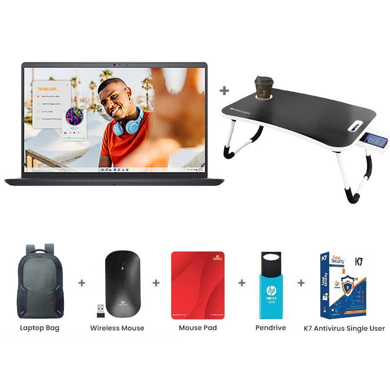 Picture of Dell Inspiron 15 - AMD Ryzen 5 7520U 15.6" (39.62cm) Thin & Light Laptop (8GB/ 512GB SSD/ Full HD Display/ Windows 11 Home/ MS Office 2021/ AMD Radeon Graphics/ 1 Year Warranty/ Carbon Black/ 1.63 kg) with Laptop Table + Laptop Bag + Wireless Mouse + Mouse Pad + Pendrive + K7 Antivirus Single User